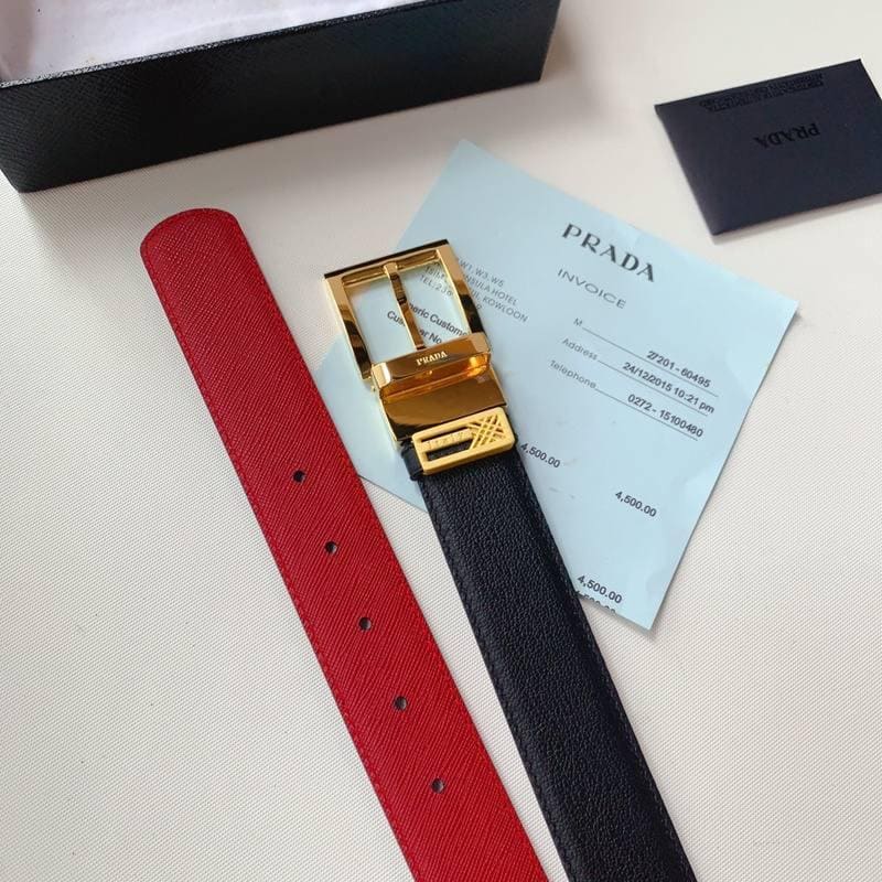 Prada Leather Reversible Belt With Triple Bucles 'Red/Black' | Banlieue91