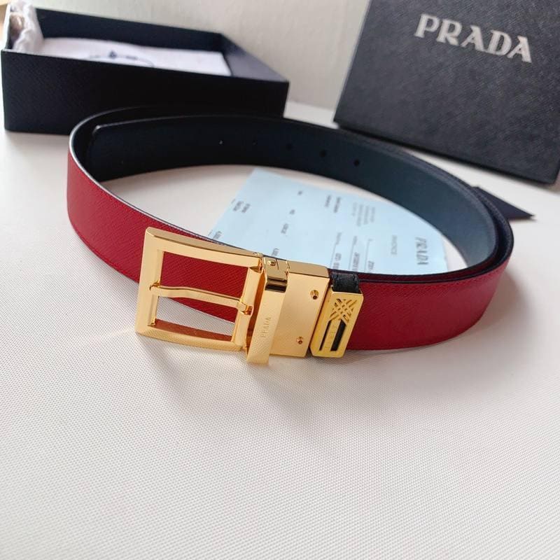 Prada Leather Reversible Belt With Triple Bucles 'Red/Black' | Banlieue91