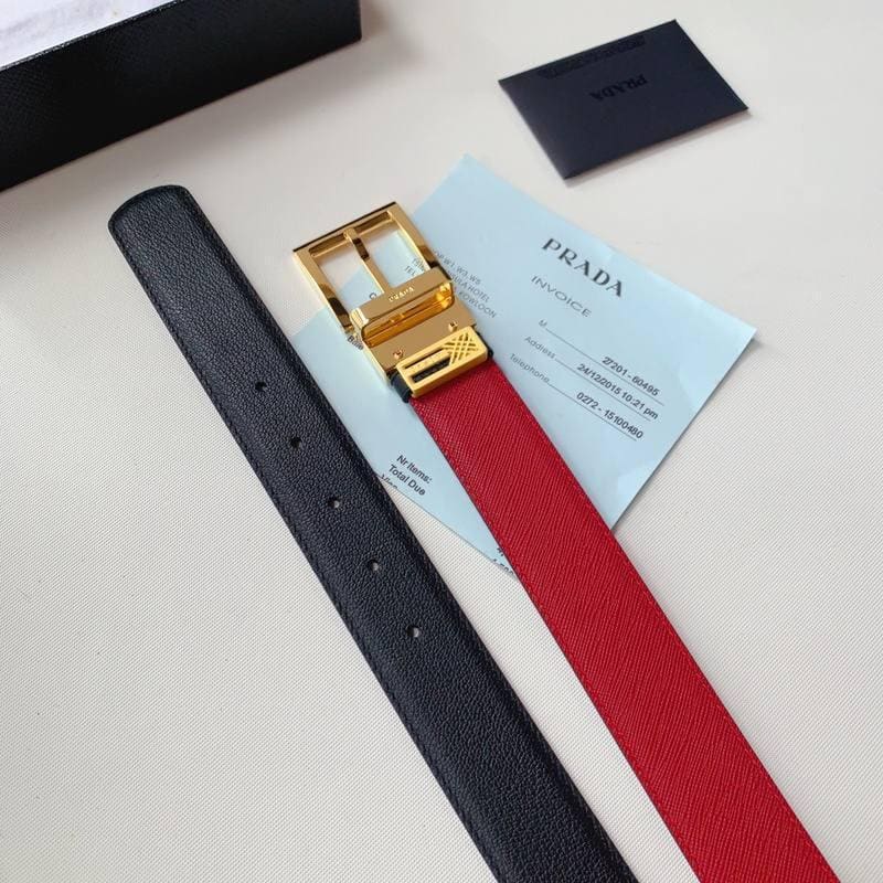Prada Leather Reversible Belt With Triple Bucles 'Red/Black' | Banlieue91