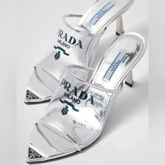 PRADA Logo-print Plexiglas high-heel slides | Banlieue91