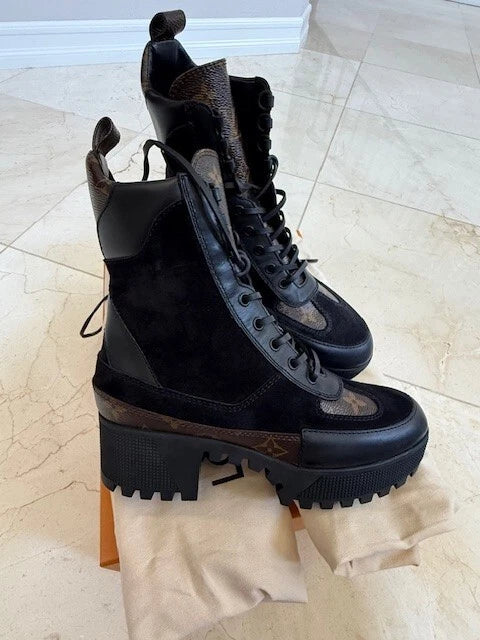 Louis Vuitton Laureate Platform Desert Boots featuring vintage-inspired Since 1854 jacquard textile and suede calf leather trim.