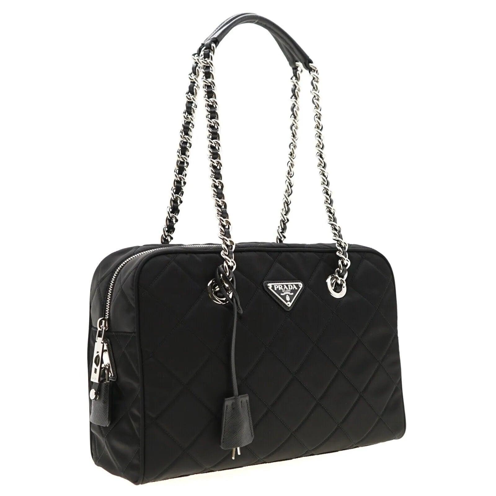 Prada Chain Shoulder Bag Quilted Black Nylon - Banlieue91