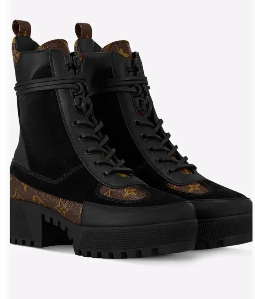 Louis Vuitton Laureate Platform Desert Boots showcasing vintage-inspired Since 1854 jacquard textile with suede calf leather trim.
