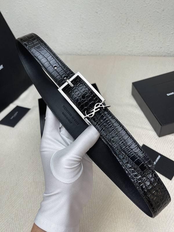 Saint Laurent Classic Monogram Square Buckle Belt Crocodile Embossed Leather | Banlieue91