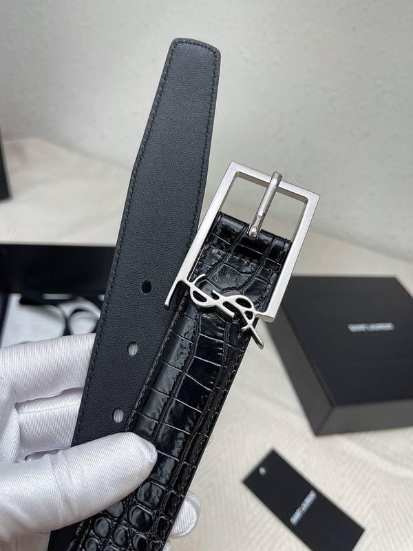 Saint Laurent Classic Monogram Square Buckle Belt Crocodile Embossed Leather | Banlieue91