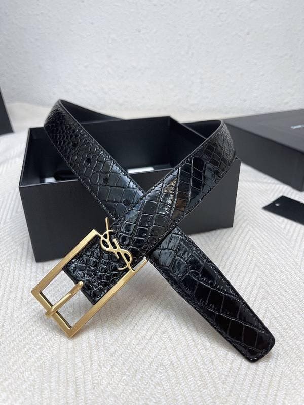 Saint Laurent Classic Monogram Square Buckle Belt Crocodile Embossed Leather | Banlieue91