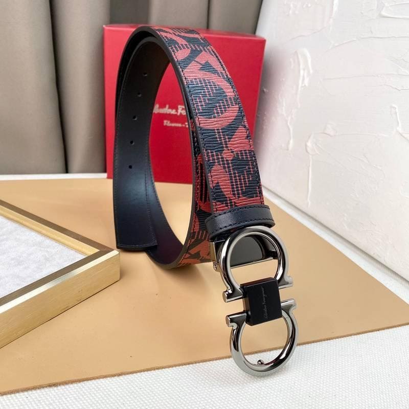 Salvatore Ferragamo Adjustable & Reversible Logo All Over Men Belt 'Red/Black' | Banlieue91