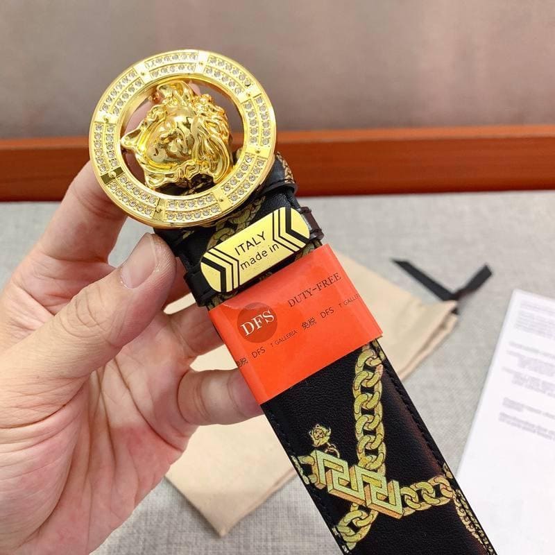Versace Black Leather Vitello Belt Gold Medallion Buckle | Banlieue91