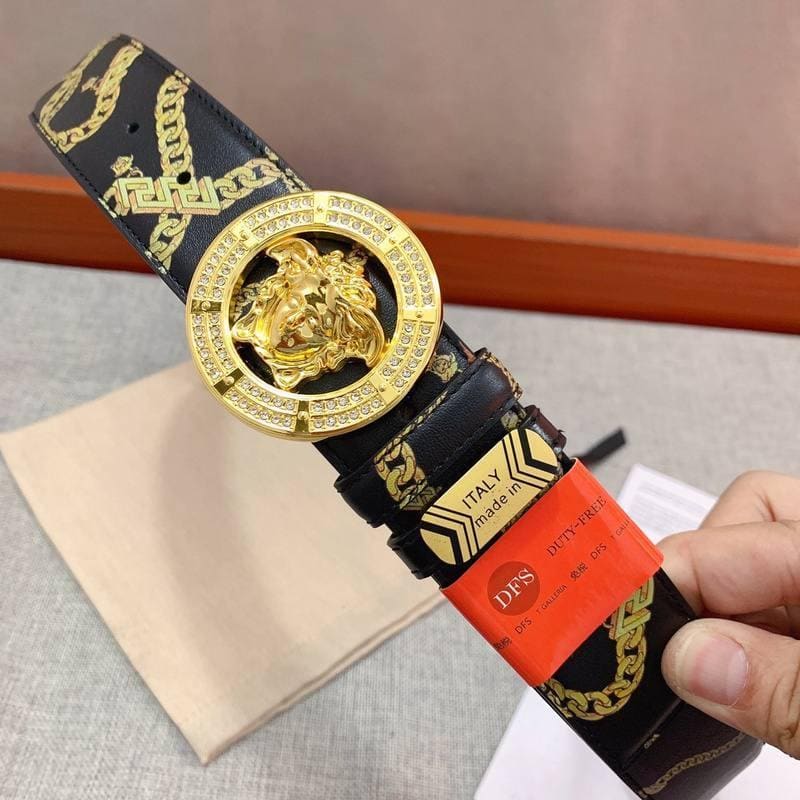 Versace Black Leather Vitello Belt Gold Medallion Buckle | Banlieue91