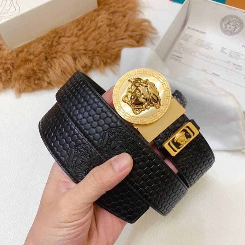Versace Black Leather Vitello Belt Gold Medallion Buckle | Banlieue91