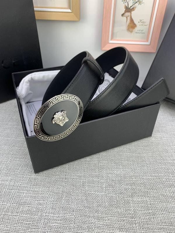 Versace Black Leather Vitello Belt Silver Medallion Buckle | Banlieue91