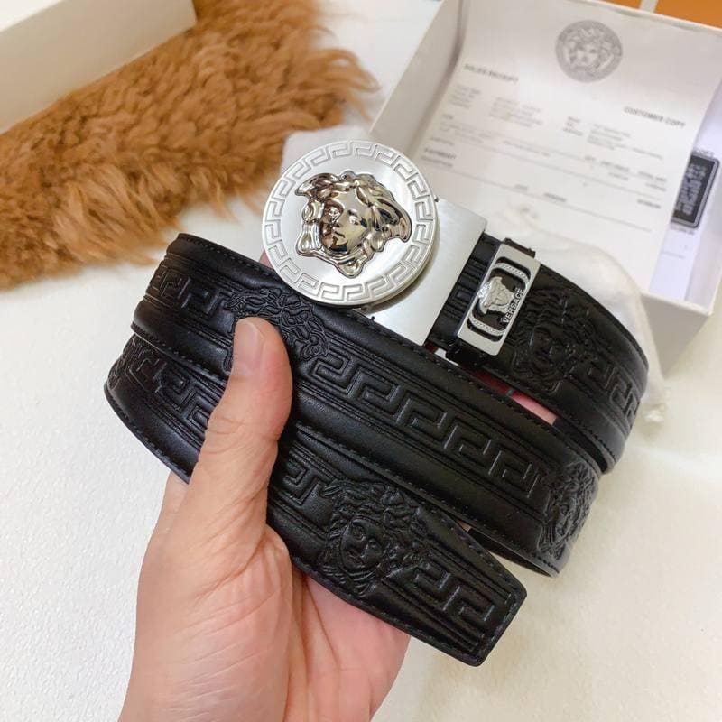 Versace Black Leather Vitello Belt Silver Medallion Buckle | Banlieue91
